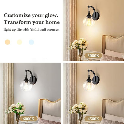 Black Wall Sconce Light, Modern Vanity Light Fixtures with 4.9 Inches Clear Glass Shade, Farmhouse Wall Lights for Living Room, Bedroom, Hallway