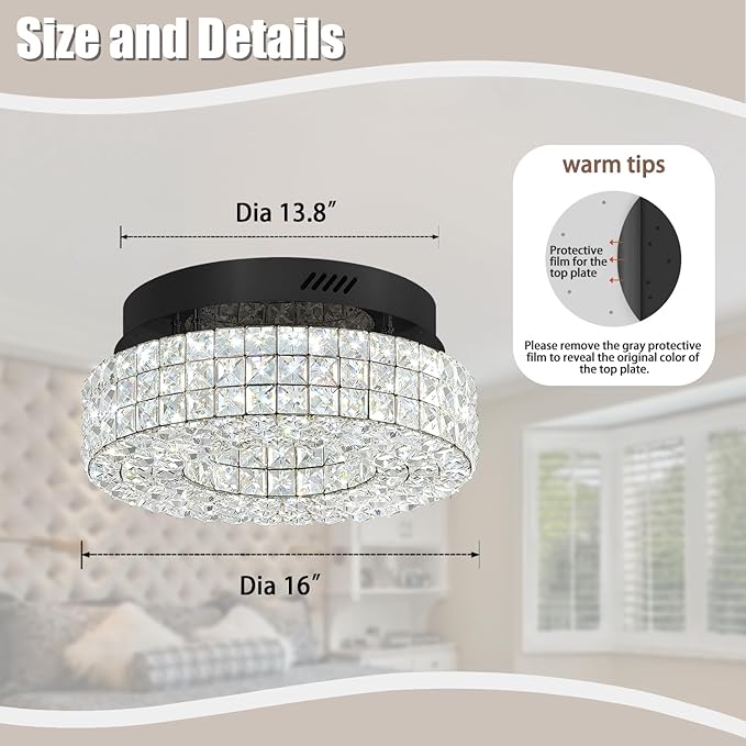 ykolupty 16" Crystal Chandeliers,Round Chandelier for Living Room Modern Crystal Ceiling Light Fixture for Foyer Bedrooms Dining Room Hallway Black