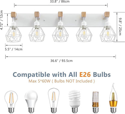 Farmhouse Vanity Light for Bathroom, 5-Light White Wood Bathroom Vanity Light Fixtures Over Mirror, Rustic Sconces Wall Lighting with Metal Lampshade for Living Room, Bedroom, Hallway
