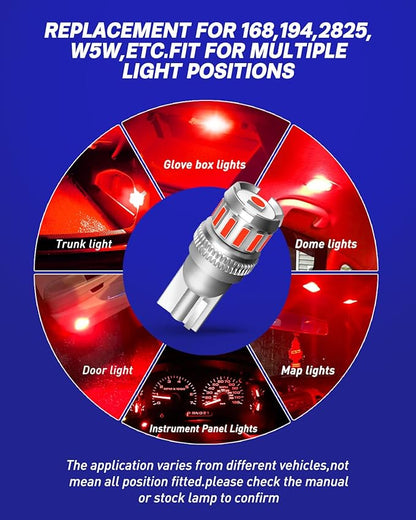 AUTOONE 194 LED Bulb Red, 300% Brighter T10 168 2825 W5W LED Bulbs for License Plate Light Dome Map Door Courtesy Interior Car Lights, Pack of 2