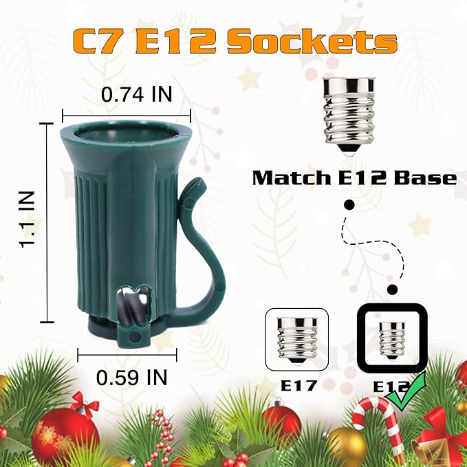 500FT C7 Light String Christmas Stringer, E12 Christmas Sockets 12" Spacing, C7 Stringer Set Green Outdoor String Light for Wedding Patio Event Lighting Decor, Green Wire