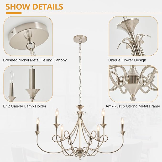 Modern Brushed Nickel Chandelier, 6-Lights Candle Dining Room Light Fixture 36.6in Farmhouse Chandeliers Metal Pendant Lights for Living Room Bedroom Entryway Kitchen Island
