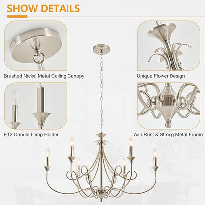 Modern Brushed Nickel Chandelier, 6-Lights Candle Dining Room Light Fixture 36.6in Farmhouse Chandeliers Metal Pendant Lights for Living Room Bedroom Entryway Kitchen Island