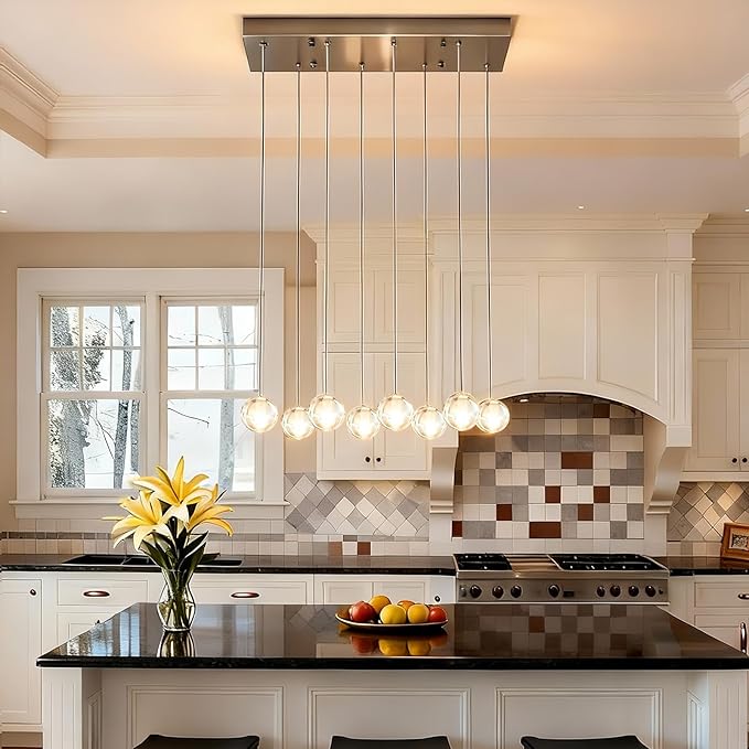 8 Lights Nickel Raindrop Rectangle Chandelier, Modern Bubble Crystal Chandelier for Dining Room, Large Pendant Light for High Ceilings Staircase Foyer Entryway Living Room Kitchen Island