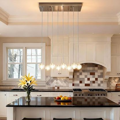 8 Lights Nickel Raindrop Rectangle Chandelier, Modern Bubble Crystal Chandelier for Dining Room, Large Pendant Light for High Ceilings Staircase Foyer Entryway Living Room Kitchen Island