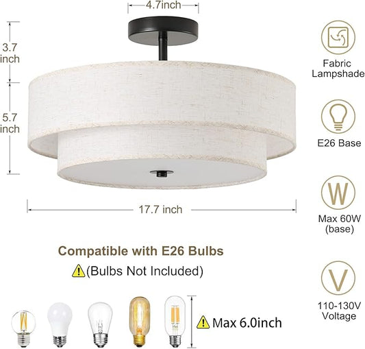 17.7" Close to Ceiling Light Fixtures, Black Semi Flush Mount Ceiling Light Fixtures with 2-Tier Drum Fabric Lamp Shade, Modern Ceiling Light Fixtures Flush Mount for Bedroom Hallway Nursery