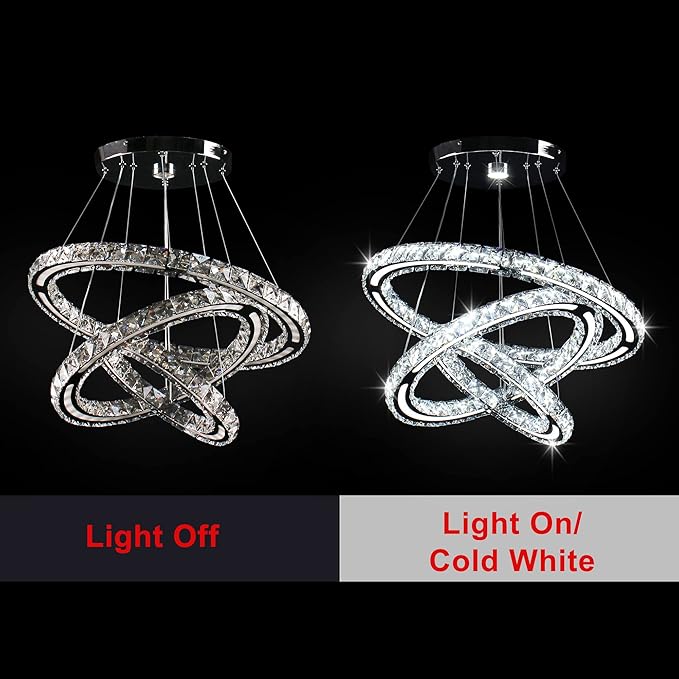 LED Chandeliers Modern Ceiling Light Fixture 3 Rings Adjustable Crystal Pendant Light Fixture Ceiling Hanging for Living Room Dining Room Bedrooms Hall 250mm Base 209 Crystals (Cool White)