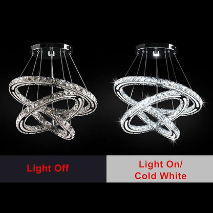 LED Chandeliers Modern Ceiling Light Fixture 3 Rings Adjustable Crystal Pendant Light Fixture Ceiling Hanging for Living Room Dining Room Bedrooms Hall 250mm Base 209 Crystals (Cool White)