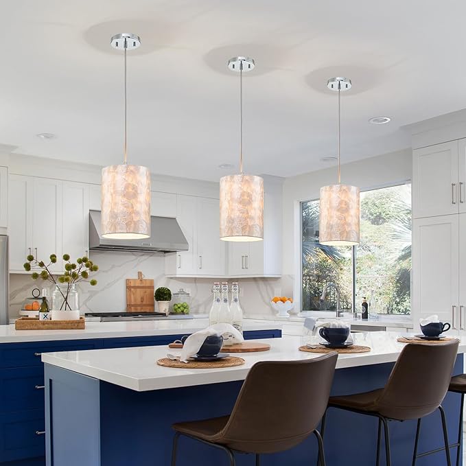 LumFurn D7 inch Capiz Shell Chandelier, 1-Light Coastal Design Pendant Light Fixture for Dining Room, Kitchen Island, D7 x H18~66 in(Adjustable Height), Shell Lampshade & Chrome Finish Frame
