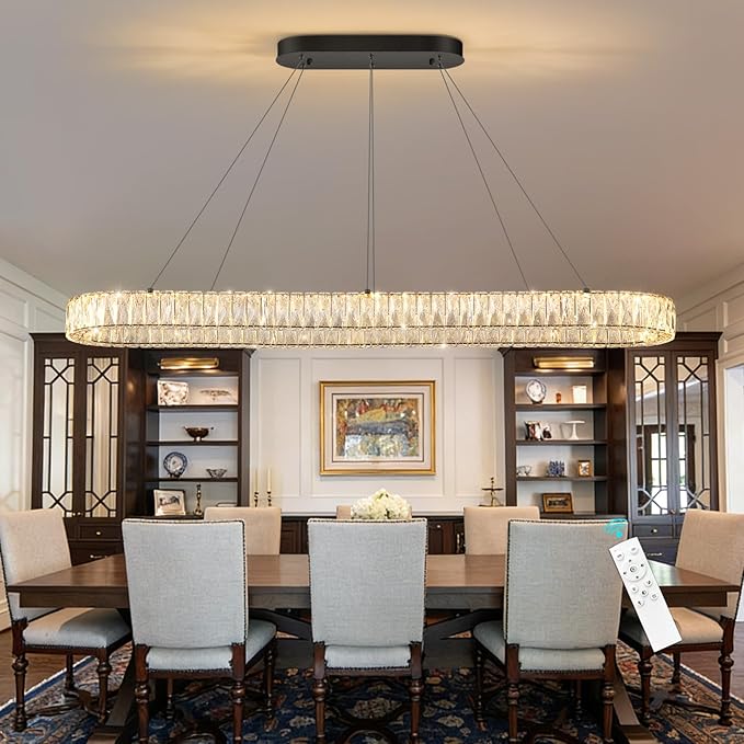 HAIXIANG Crystal 59 Inch Long Chandelier Modern Dimmable LED Chandeliers for Dining Table Pendant Lights Rectangular Glam Lighting Fixtures for Dining Room Kitchen Island Black