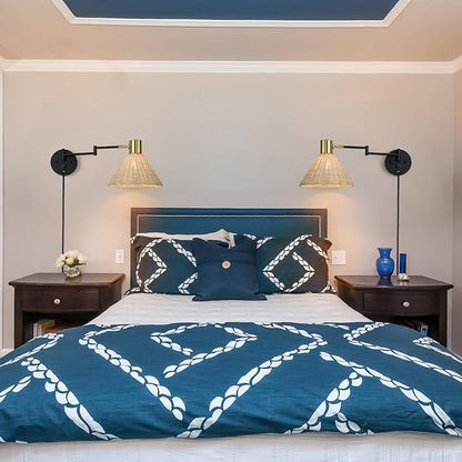 Plug in Rattan Wall Sconce Swing Arm Wall Lamp with USB Port and Dimmer Switch Hand-Woven Boho Rattan Wall Mounted Lamp Suitable for Hallway Bedroom Living Room.Balck