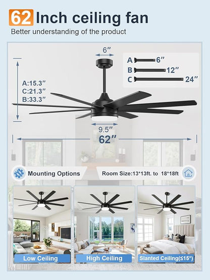 YUHAO 62 Inch Black Ceiling Fan with Light and Remote Control.Noiseless,Dimmable,3CCT,6 Speeds Reversible, DC Ceiling Fans for Indoor or Covered Outdoor Use.ETL Listed