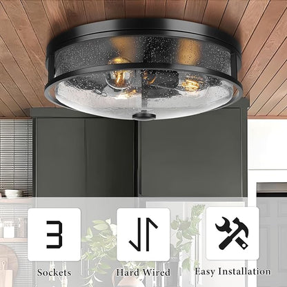 16 Inch Large Flush Mount Ceiling Light Fixture with Seeded Glass, Black Round Ceiling Lamp Shade, Modern Farmhouse Indoor Outdoor Ceiling Lighting for Kitchen Dining Living Room Foyer