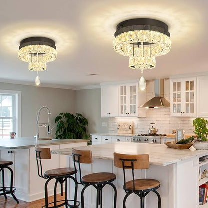 Flashing God Dia 12" Mini Chandelier Modern Crystal Chandeliers for Hallway Black Flush Mount Ceiling Light Modern Chandeliers Lighting for Bedroom Staircase Kitchen