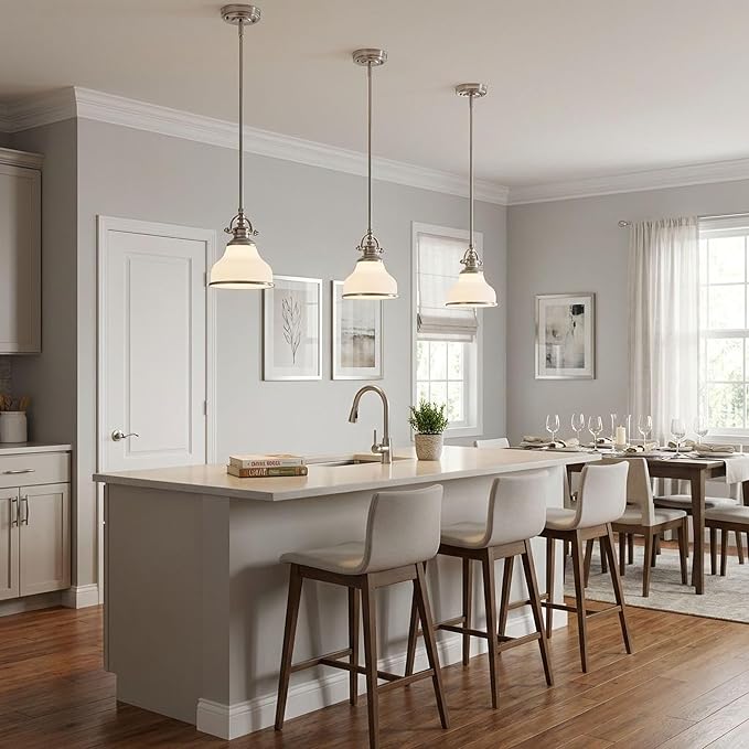 Quoizel Grant 8" Mini Pendant Light, Brushed Nickel with Opal Etched Glass, 13"–48" Adjustable Height for Kitchen Island or Bar