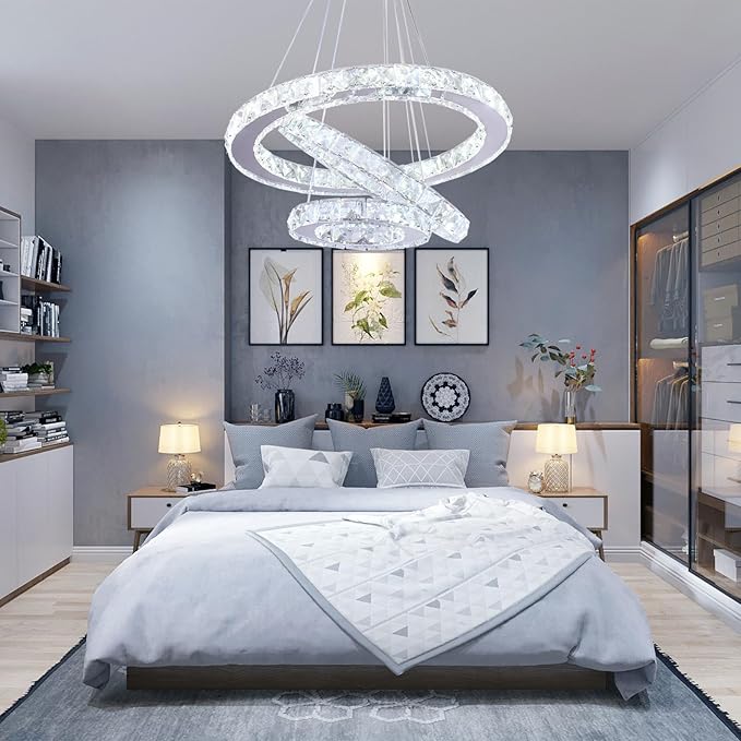 Modern 3 Ring Round Crystal Chandelier Adjustable Stainless Steel Pendant Lighting LED Crystal Ceiling Light Fixture for Living Room Dining Room Bedroom Cool White