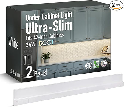 TORCHSTAR Ultra-Slim LED Under Cabinet Lighting Fits 42 Inch Cabinets, 5CCT 24W 1800LM, Hardwired & Plug-in, 120V CRI90 Linkable Dimmable Thin Under Counter Lights for Kitchen, ETL T24, Pack of 2