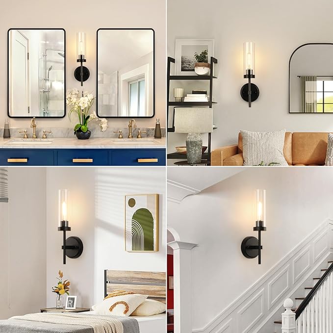 WILON Wall Sconces 2 pcs, Bathroom Sconces Vanity Light Fixtures with Clear Glass Shades, Indoor Rustic Farmhouse Wall Lamps for Bedroom Living Room Bathroom Bedside Hallway Mirror, Black