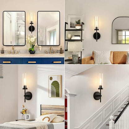 WILON Wall Sconces 2 pcs, Bathroom Sconces Vanity Light Fixtures with Clear Glass Shades, Indoor Rustic Farmhouse Wall Lamps for Bedroom Living Room Bathroom Bedside Hallway Mirror, Black
