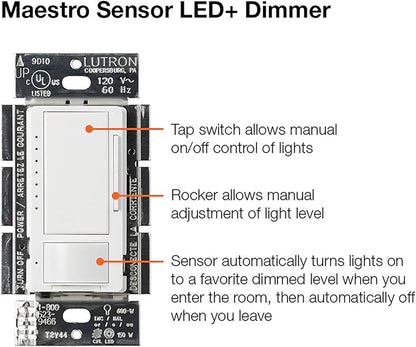 Lutron Maestro LED+ Motion Sensor/Dimmer Switch | 150W LED | Single Pole/Multi-Location | MSCL-OP153M-SW | Snow (Pack of 2)