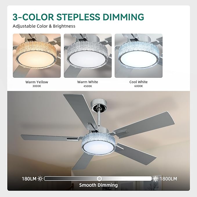 YITAHOME 52 Inch Chandelier Ceiling Fans with Lights and Remote/App, Smart Ceiling Fans Compatible with Alexa, Reversible Quiet DC Motor, Dual Finish Blades, Dimmable Lighting for Living Room, Nickel