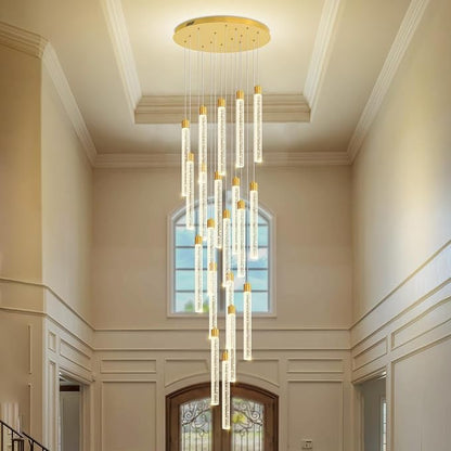 138'' Long Crystal Column Chandelier Extra Large High Ceiling Chandelier Staircase Gold 20-Lights Dimmable Led Pendant Lighting Foyer Entryway Light Source is Replaceable