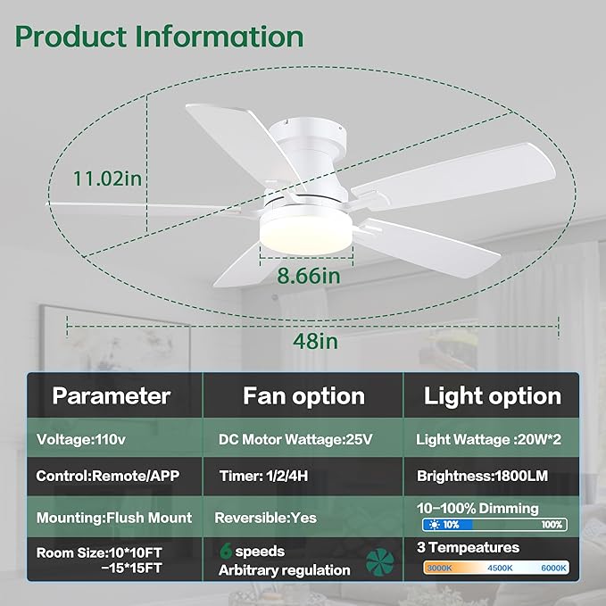 Ceiling Fans with Lights, 48 Inch Ceiling Fan with Light And Remote/APP,Low Profile Ceiling Fan with Light,DC Reversible,6 Speed Noiseless LED Ceiling Fan,White Small Ceiling Fan for Bedroom