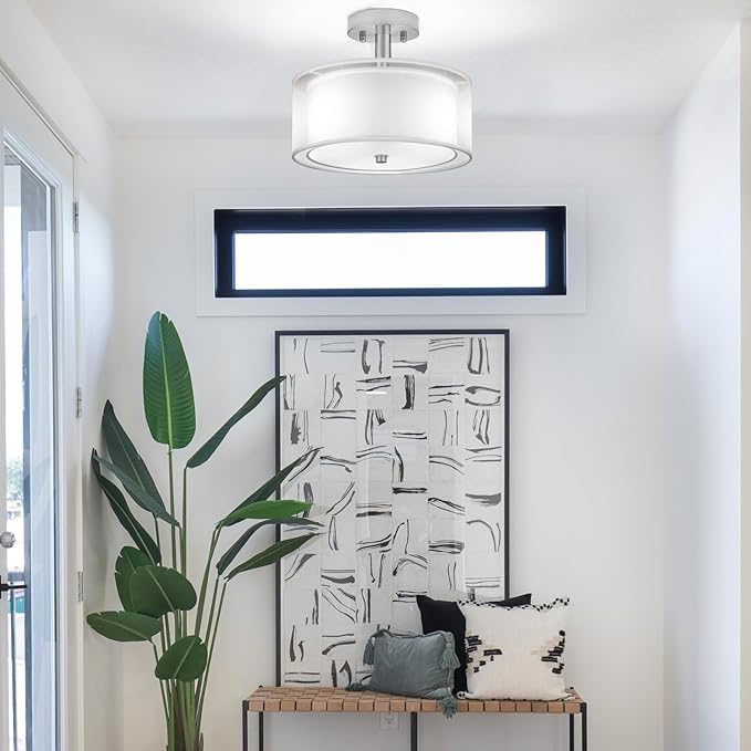 FOLKSMATE 3-Light Semi Flush Mount Ceiling Light Fixture, 14 Inch Drum Light with Double Fabric Shade, Modern Close to Ceiling Lamps for Dining Room Kitchen