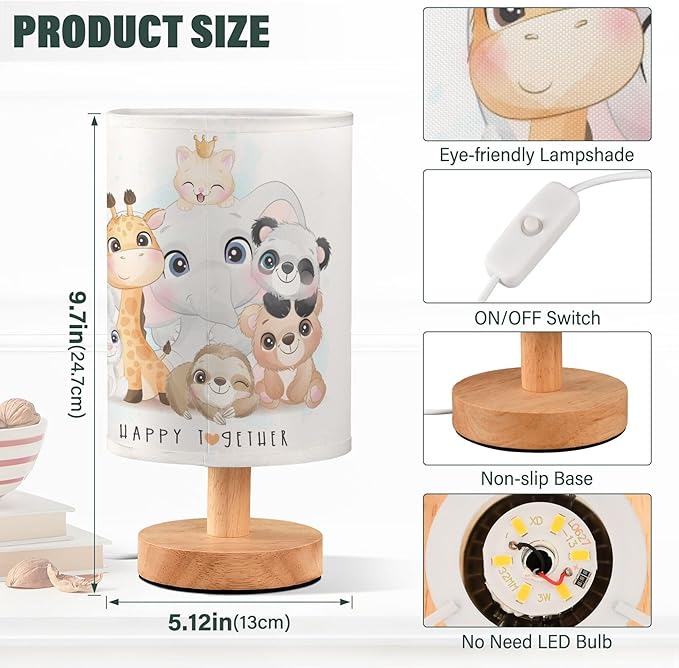 Cute Animal Watercolor Elephant Giraffe Panda Sloth Bunny Bear Cat Table Lamp with Wood Base Fabric Lamp Shade Bedside Nightstand Desk Lamp for Living Room Bedroom Kids Room Office