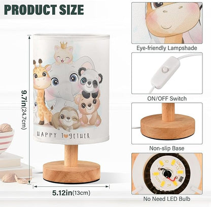 Cute Animal Watercolor Elephant Giraffe Panda Sloth Bunny Bear Cat Table Lamp with Wood Base Fabric Lamp Shade Bedside Nightstand Desk Lamp for Living Room Bedroom Kids Room Office
