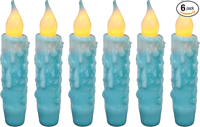 CVHOMEDECO. Real Wax Hand Dipped Battery Operated LED Timer Taper Candles Rustic Primitive Flameless Lights Decor, 4-3/4 Inch, Teal, 6 PCS in a Package