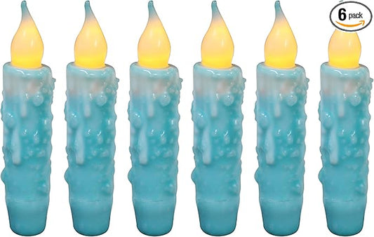CVHOMEDECO. Real Wax Hand Dipped Battery Operated LED Timer Taper Candles Rustic Primitive Flameless Lights Decor, 4-3/4 Inch, Teal, 6 PCS in a Package
