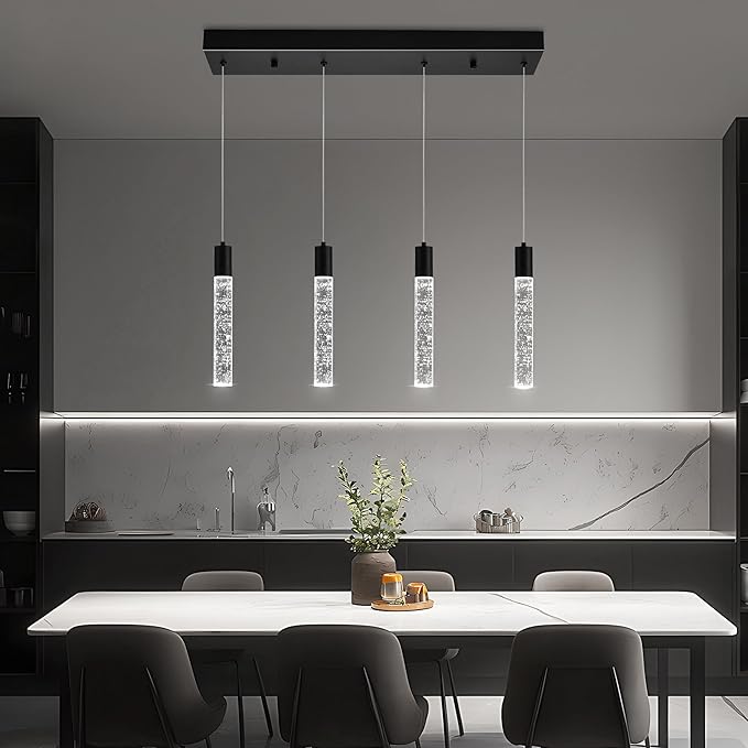 4 Light Pendant Lights Kitchen Island, Modern Matte Black Crystal Pendants with Dimmable 3000K-6000K LED Ceiling Hanging Light Fixture for Dining Room Bedroom, Adjustable Height 59"