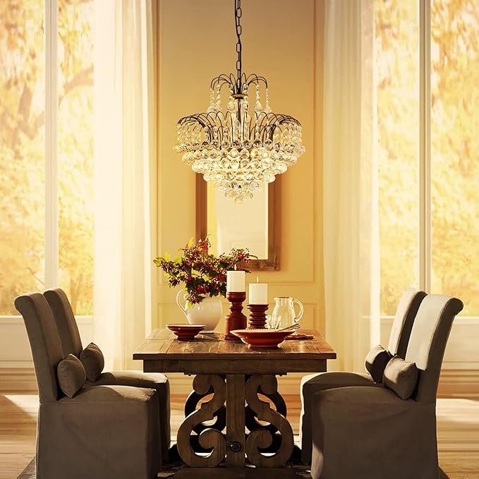 WUZUPS Crystal Chandelier Pendant Flushmount Ceiling Light Modern Lighting Fixture for Bedroom Hallway Bar Kitchen Bathroom, H 17.3" x W 18.9", Black, E12 Base