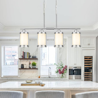 4-Light Kitchen Island Lighting, Brushed Nickel Linear Dining Room Light Fixtures with Frosted Glass, Modern Industrial Chandelier Pendant Light for Kitchen Island Dining Room, OS-3014-4ISBNW