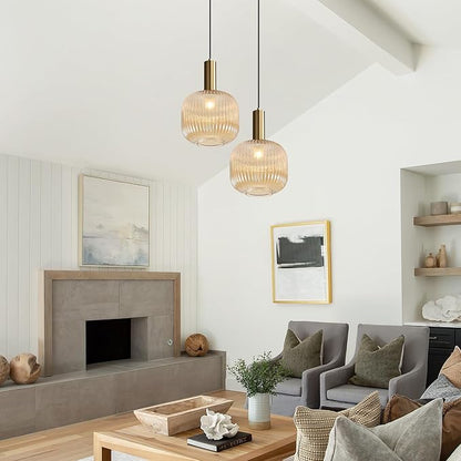 BOKT Modern Large Amber Glass Globe Pendant Light Fixture Brushed Brass Gold Kitchen Island Pendant Lighting Farmhouse Single 1-Light Spherical Ceiling Hanging Pendant Light (Amber)