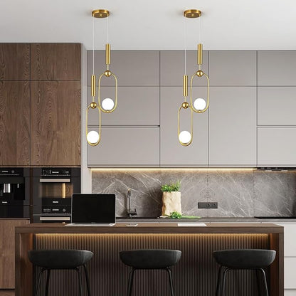 Modern Oblong Glass Pendant Light fixtures 2-Light, Simplicity Gold Pendant Lighting, Mid Century Chandelier for Kitchen Island Dining Room Bedroom Entryway Hallway(1-Pack)