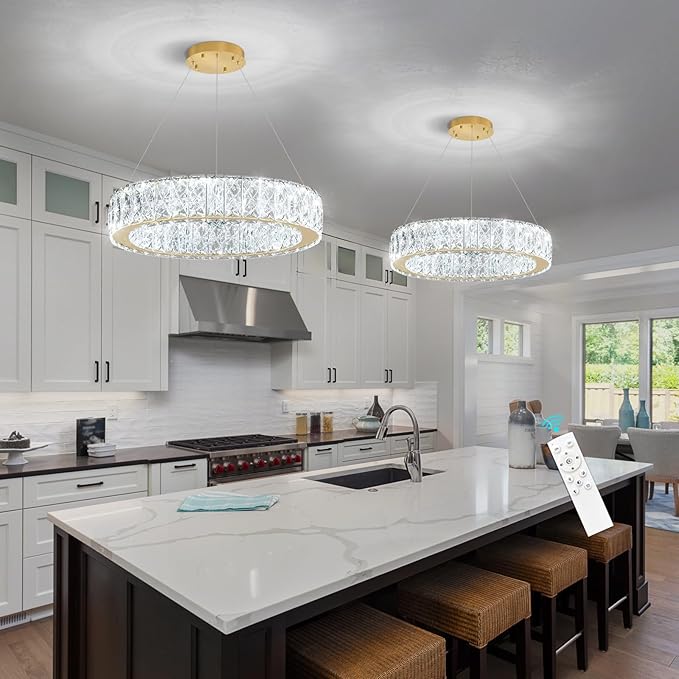 Modern Crystal Chandelier 15W LED Dimmable Lighting Fixture Adjustable Round Pendant Light for Dining Room Living Room Kitchen Bedroom Gold
