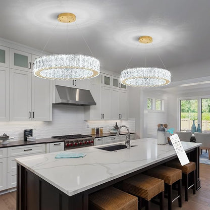 Modern Crystal Chandelier 15W LED Dimmable Lighting Fixture Adjustable Round Pendant Light for Dining Room Living Room Kitchen Bedroom Gold