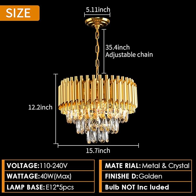 Gold Crystal Chandelier 3-Tier Dining Room Chandelier Light fixtures Modern Chandeliers for Dining Room Small Pendant Light Fixture for Living Room Foyer Kitchen Island Entryway Round 5 Light W15.7”