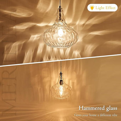 11" Blown Hammered Glass Pendant Light – Matte Black Ceiling Light for Kitchen Island, Dining Room, Hallway – E26 Base Hanging Fixture