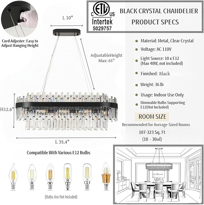 Black Crystal Chandelier for Dining Room, 35.4" Modern Luxury 2-Tier K9 Crystal Oval Chandelier, 10-Light E12 Base Pendant Light Fixture, Height Adjustable for Kitchen Island Living Room