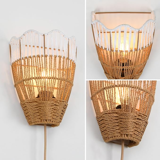 Plug-in Boho Wall Sconces Set of 2, Handwoven Rattan Wall Lights with On/Off Switch, Bohemian Light Fixtures for Bedroom, Living Room & Entryway