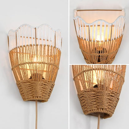 Plug-in Boho Wall Sconces Set of 2, Handwoven Rattan Wall Lights with On/Off Switch, Bohemian Light Fixtures for Bedroom, Living Room & Entryway
