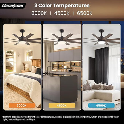 60 Inch Ceiling Fans with Lights and Remote, Dual Color 6 Blades, Bedroom Living Room Office Library Cafe Outdoor Industrial, 3CCT Dimmable, 6 Speed Reversible Quiet DC Motor, Brown/Wood Grain