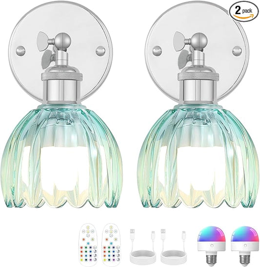 Vintage Battery Operated Wall Sconce, Sky Blue Tulip Glass Lampshade Wireless Rechargeable Battery Powered LED Wall Light with Remote Dimmable for Bedside Bedroom Living Room, Silver, Set of 2