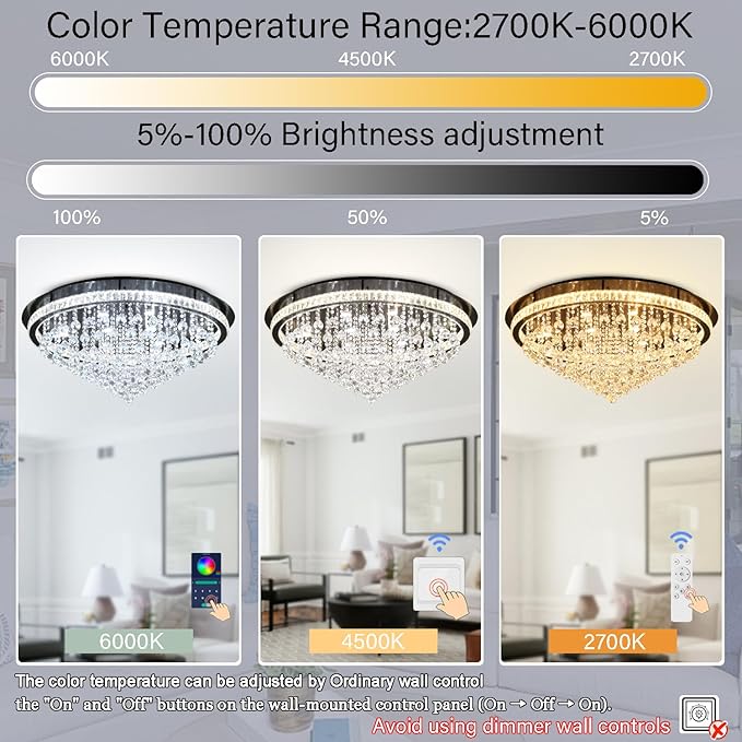 Dia 40" Modern Crystal Chandeliers for Living Room,Black Large Chandelier Flush Mount Chandeliers for Bedrooms Dining Room Dimmable 2700k 4500k 6000k