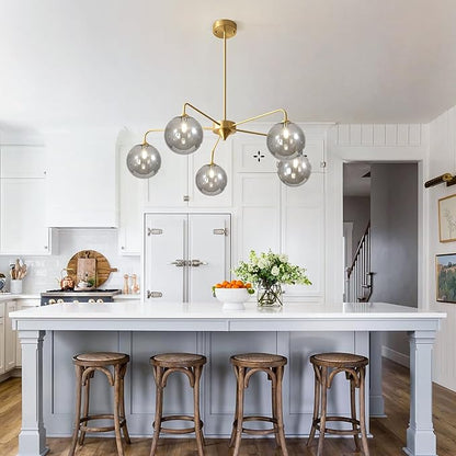 5-Light Gold Sputnik Chandelier, Mid Century Modern, Smoke Gray Glass Shade, Kitchen, Dining, Bedroom, 38.6" L x 30.7" H