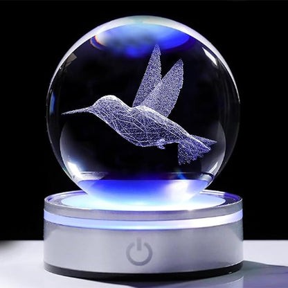 Arikyrist Crystal 3D Hummingbird 3.15in Ball Figurine Gifts for Women Wife, Collectible Glass Animal Art Sphere for Room with LED Light Base, Keepsakes for Bird Lovers Home Decor Paperweight