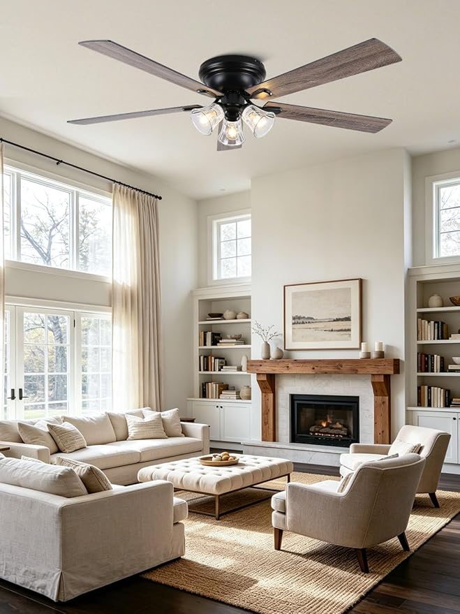 60" Flush Mount Vintage Ceiling Fan with Lights and Remote, Farmhouse Rustic Ceiling Fan Low Profile Antique Fandelier Chandelier for Bedroom Living Room, 3 E26 Lights (Bulbs Not Included)